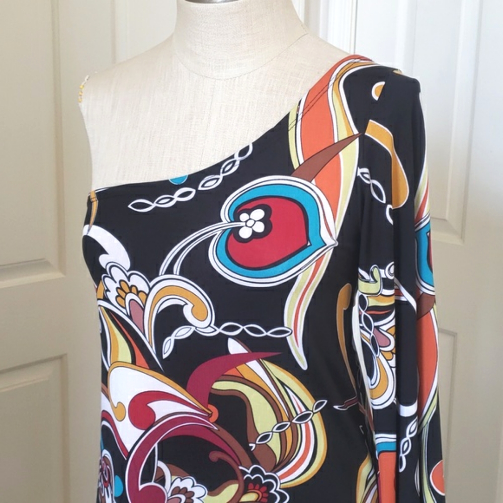 💐Vintage 90s Psychedelic One Shoulder Bell Sleeve Dress Black Multicolor MEDIUM - Picture 5 of 12